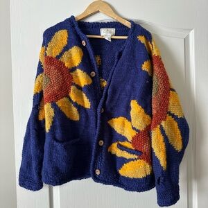 Sunflower Patterned Hand-knitted Blue Cardigan Sweater